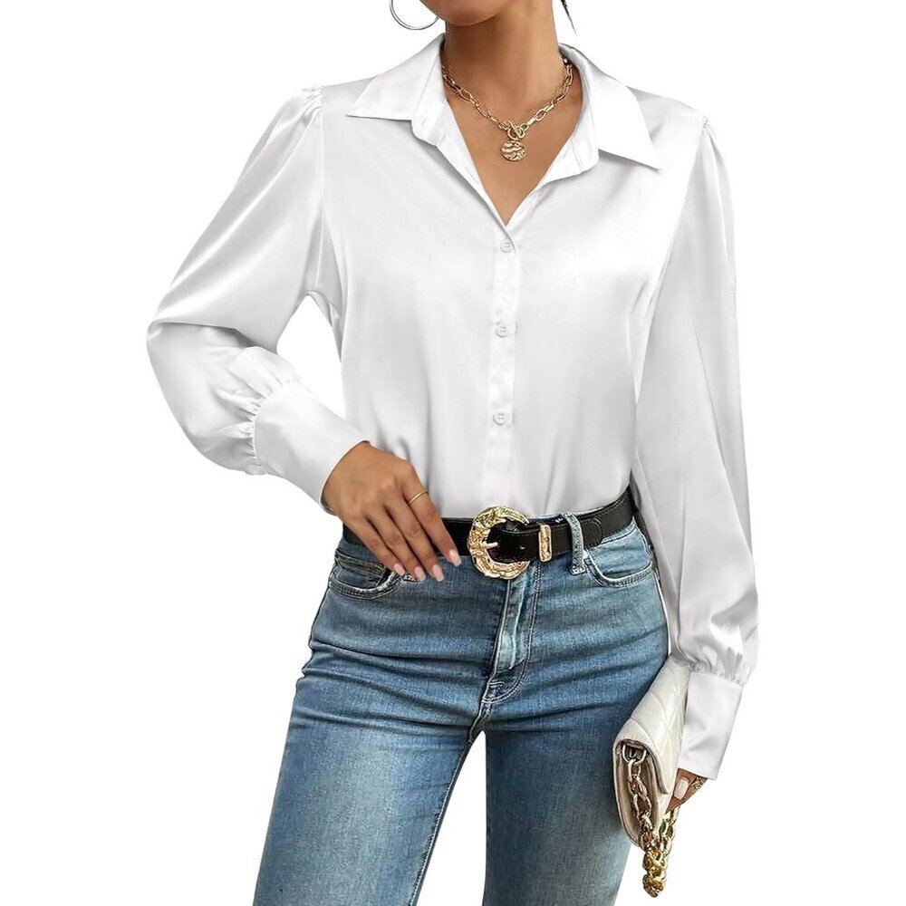 Women’s Satin Blouse Long Sleeve Silk Button Down Top Casual Work X-Large